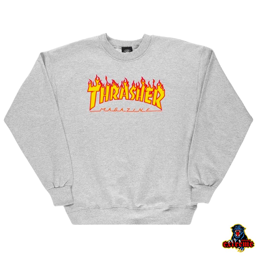 THRASHER CREWNECK Flame Logo Gray