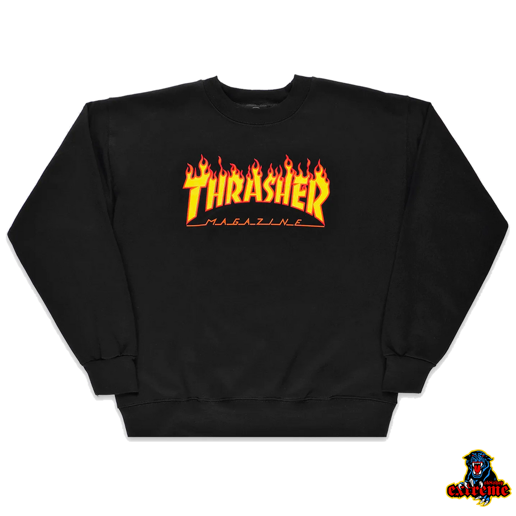 THRASHER CREWNECK Flame Logo Black