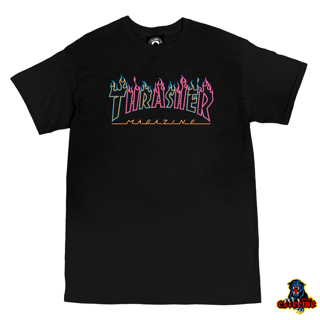 THRASHER T-shirt Double Flame (Neon) Logo Black